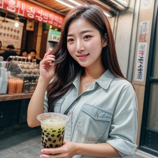 Prompt: Realistic photo, HD, Korean Instagram, cute woman, Seoul, boba tea, boba shop, beautiful, attractive, silly, fun 