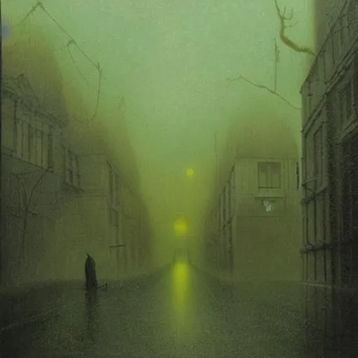 Prompt: Beksinski gothic city, dark, fog, wet street, low light, dark, dark-green colours, fog, midnight, rain