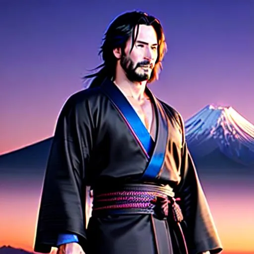 Prompt: 4k UHD Ultra-Realistic anime full body masterpiece of Keanu Reeves, handsome perfect body samurai warrior man with ultra realistic black long tied hair and 4k ultra realistic big blue eyes, ultra realistic traditional light purple kimono outfit with deep cleavage, holding a sheathed katana in hand, wonderful  face, standing near the mount Fuji at night, full moon mount fuji at the background, at night scene, very detailed face, extremely detailed face, highly detailed face, perfect face, perfect eyes, perfect teeth, perfect body, perfect anatomy, beautiful body, intricate details, hyperrealistic, professional, ideal human, sharp focus, epic, beauty, sensual feminine romance, highly detailed, detailed face, detailed body, UHD, HDR, 8K, 64k, render, HD Quality, trending on artstation, trending on cgsociety, award-winning, front view, canon, 24mm, hard moon lighting, ((huge chest)), ((handsome)) by Ilya Kuvshinov 