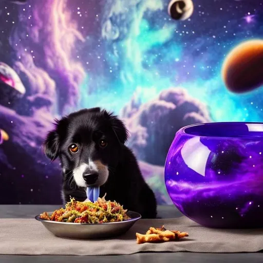 a dog eating food out of a purple bowl with space vibes