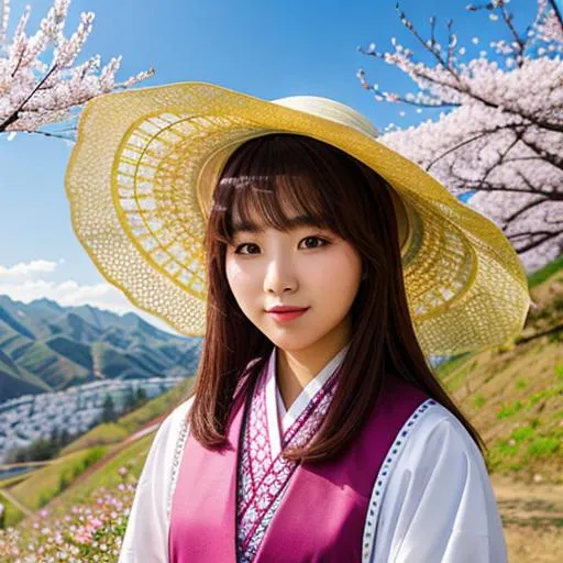 Prompt: Korean girl with sun shade ambrela, flowers, bright colour, hills landscape , cherry blossom