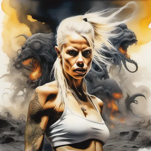 Prompt: Yolandi Visser as nudist hot muscular blonde girl in a blazing nuclear wasteland, bizarre lovecraftian tentacled monsters, fighting for survival, time is running out, hyper detailed, photorealistic, ink splash, watercolor art, highres, intense dramatic volumetric lighting