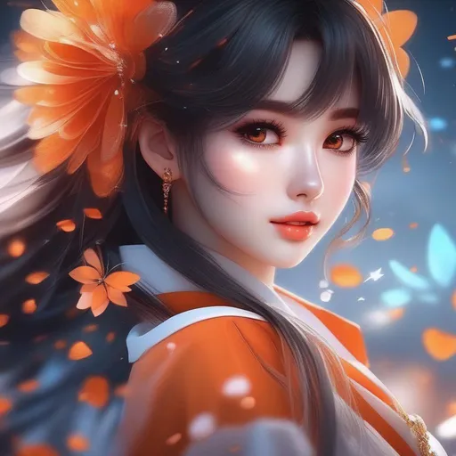 Prompt: 3d anime woman and beautiful pretty art 4k full HD orange glitter
