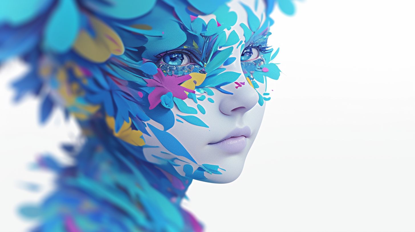 Prompt: 3d digital photography design for a woman's head, in the style of swirling colors, split toning, hyper-realistic oil, flowing lines, detailed character illustrations, colorful mindscapes, matte photo