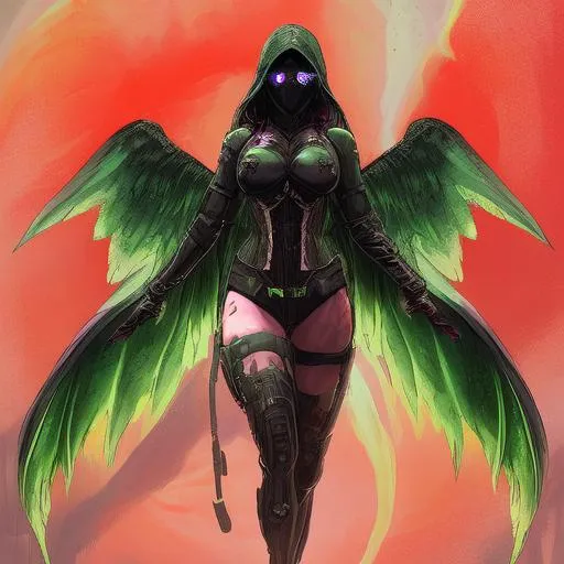 Prompt: Beautiful female angel of death, radiation, Chernobyl, green, gothic, stalker, tattoos, cyberpunk, mech, red fire