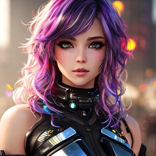 Prompt: (masterpiece), (((Whole Body in the Frame))), 4k resolution, realistic, very Cute and Beautiful face, ((perfect anatomy)), ((8 life size)), ((photo quality)), ((BrilliantColor with Colorful accent Hair in Glitter)), ((cyberpunk dressed style cloth)), shoulder length messy hair, sunlight, cinematic light, ((Heterochromia brown and gray)), ((White Crop top with Pink Symbols)), happy, shopping, Beautiful high photo realistic anime style woman, fractal isometrics details bioluminescence, (((fantastical sunlight in sky with ruined city background))), clean detailed faces, intricate clothing, analogous colors, (((depth of field))), Luminous Studio graphics engine, trending on artstation Isometric Centered hyperrealistic cover photo awesome full color, gritty, glowing shadows, high quality, high detail, high definition, very cute face, slim waist, nice hips, 90s anime style VHS
