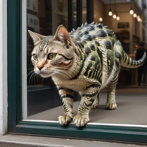 Prompt: Ultra photorealistic image of a cat that looks like a crocodile walking down the street window shopping
