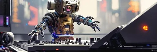 Prompt: robot as a dj with dancing happy people, perfect composition, hyperrealistic, super detailed, 8k, high quality, trending art, trending on artstation, sharp focus, studio photo, intricate details, highly detailed, cyberpunk, by greg rutkowski