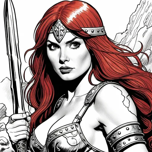 Prompt: create a pen and ink of karen gillan as red sonja in the style of steve ditko :
The figure should have a natural and harmonious anatomy, with realistic posture and proportions. The artwork should be in a drawn or painted style, with no photographic elements or realistic textures. Focus solely on artistic representation, mimicking the traditional techniques of the chosen artist's style."