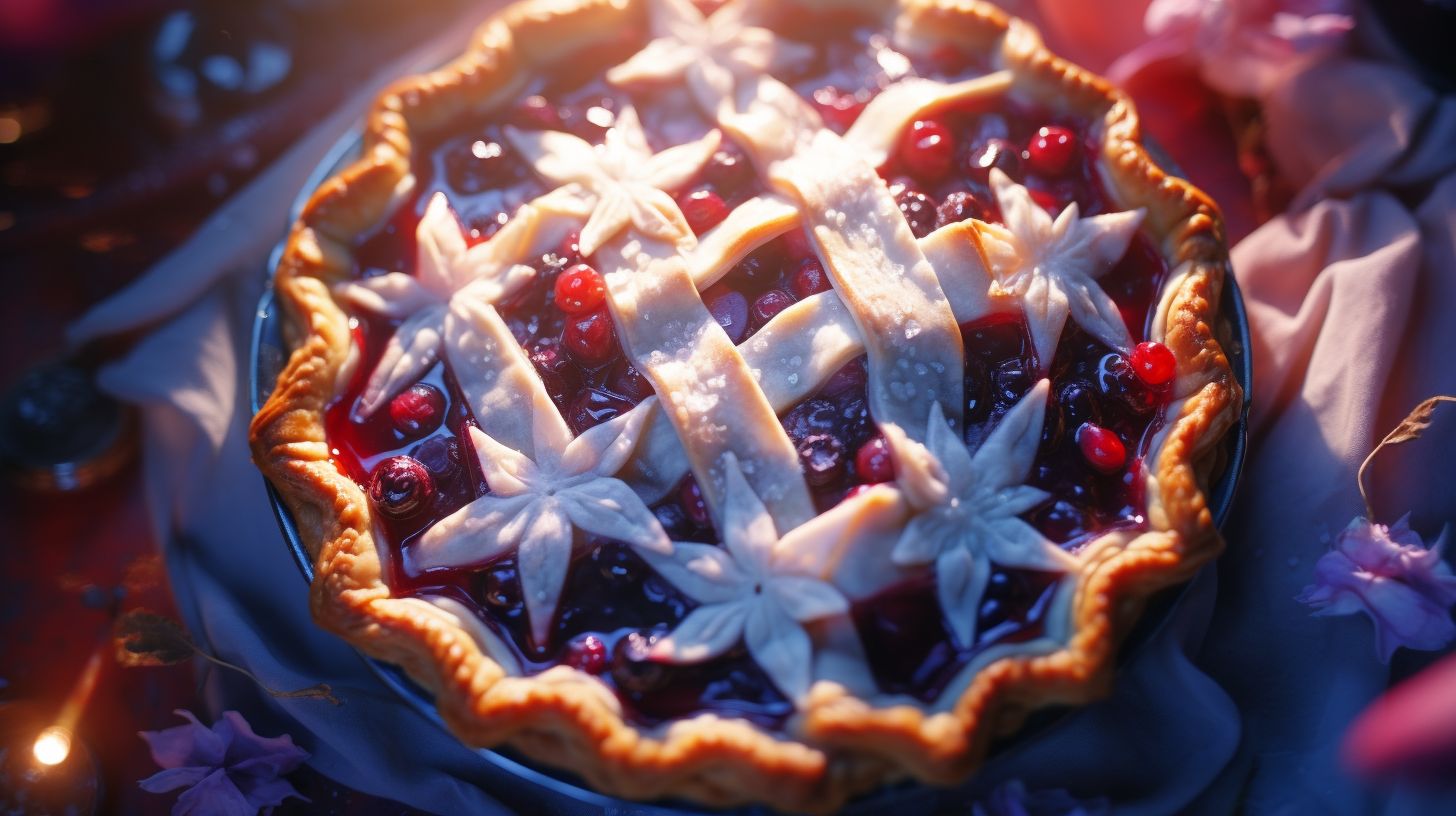 Prompt: top down shot, close up on lattcing blueberry pie, flower shapes on top, blue jam spreading through the cracks, sugar glazed, sun sparkle, glass bottom pan, realistic, background is playful lighting on a red and white table cloth. Pie is focus. --ar 16:9