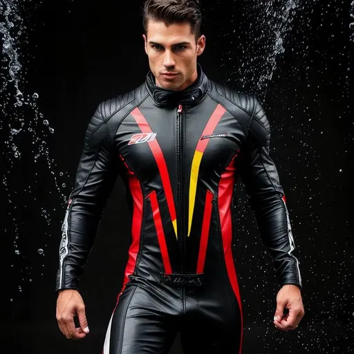 muscular man, black and red leather racer suit, wet... | OpenArt