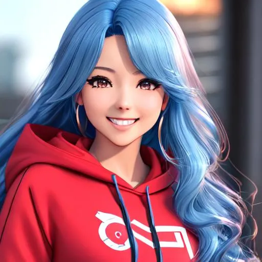 Prompt: extremely realistic, hyperdetailed, extremely long blue wavy hair anime girl, deep red blush, smiling happily, wears cropped hoodie, wears dolphins shorts, toned body, showing abs midriff, highly detailed face, highly detailed eyes, full body, whole body visible, full character visible, soft lighting, high definition, ultra realistic, 2D drawing, 8K, digital art
