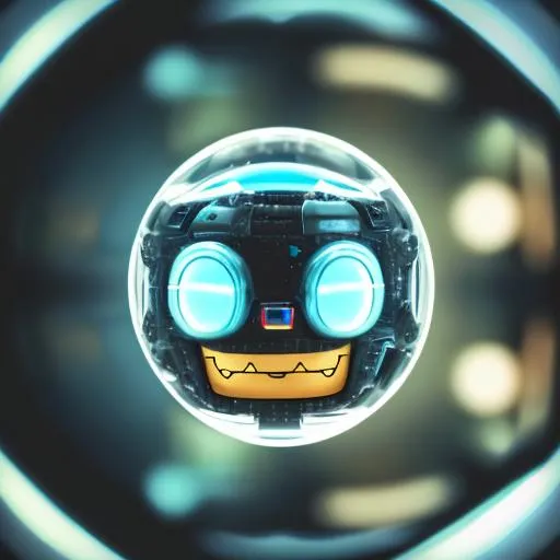Prompt: tiny robot smiling, glass glare, macro shot