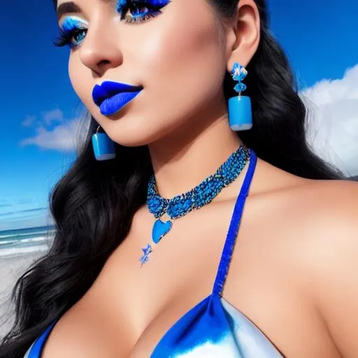Prompt: afro-latina, blue lipstick, snowy beach, blue heart necklaces, Thick blue fur coat, pleasant face, blue eyes, Black-purple eyeshadow, long ice earrings. Cold color scheme, ultradetailed, 8k resolution, perfect, smooth, high quality, shiny. 