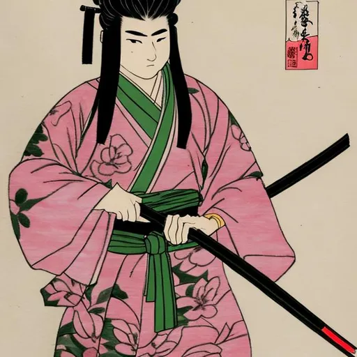 Prompt: old drawing of a male katana master: wearing a long pink floral skirt and a long green kimono. holding a long katana in one hand and eating sushi with chopsticks in the other.