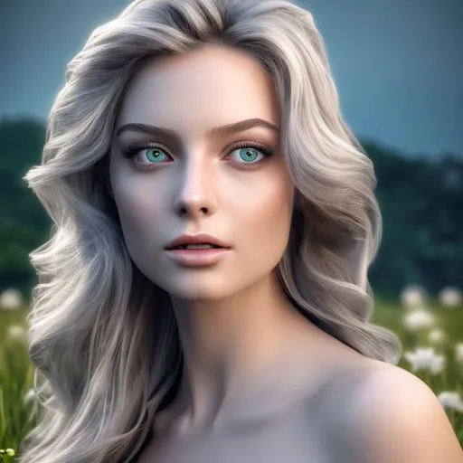 Prompt: HD 4k 3D professional modeling photo hyper realistic beautiful enchanting swedish duchess woman white flowing hair fair skin light blue eyes gorgeous face dark blue dress french landscape flowers and grass hd background ethereal mystical mysterious beauty full body