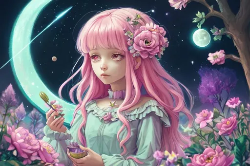 Prompt: Witch, aesthetic, pastel, beautiful, pink hair,painting, fairycore, cute, flowers, beautiful eyes, soft, art, rpg, sweet, crystals,green garden ,highres, illustration, Steven universe, moon, stars, space, sci fi,wonderland
