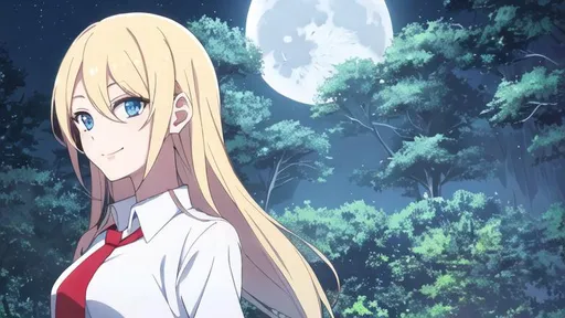 Prompt: Girl look in camera, blue eyes, long blonde hair, white shirt, red tie, smile, forest, night, moon
