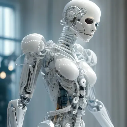 Prompt: Full body in the shot. Epic. ((Ultra-detailed depiction)). (Beautiful and aesthetic:1.2). a Skeleton Gynoid ((robotic limbs)), Bald ((Hairless)), Porcelain Skin, White Skin, Blank expression, exposed wiring. dynamic pose, highly detailed, masterpiece. realistic proportions, correct proportions, anatomically correct hands.