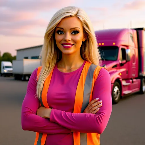 Prompt: Standing confidently with her arms folded against a backdrop of soft twilight, a woman with a thin, athletic build in a bright pink long-sleeve work shirt featuring a safety vest with reflective stripes, beams with pride. Her blonde hair cascades down her shoulders, framing her friendly, determined face illuminated by the gentle glow of the dusk. Behind her, a striking pink and white 18-wheeler dominates the scene, reflecting a vibrant and progressive work culture. The environment is a warehouse complex with other trucks in an industrial area, further emphasized by the warm tones of the fading day. This image conveys a sense of empowerment and resilience, showcasing a woman thriving in a traditionally male-dominated field.
