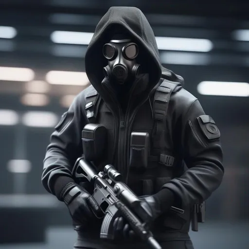 Prompt: Male agent with a gas mask, black and grey cyberpunk outfit with a hood, with one pistol, Hyperrealistic, sharp focus, Professional, UHD, HDR, 8K, Render, electronic, dramatic, vivid, pressure, stress, nervous vibe, loud, tension, traumatic, dark, cataclysmic, violent, Epic