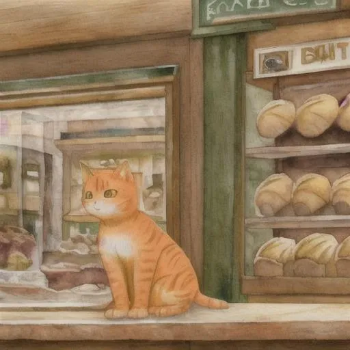 Prompt: Cute orange cat sitting in a bakery near warm, crispy croissants on a snowy day. Watercolour style with a basic art style and earthy, brown, dull green colours.