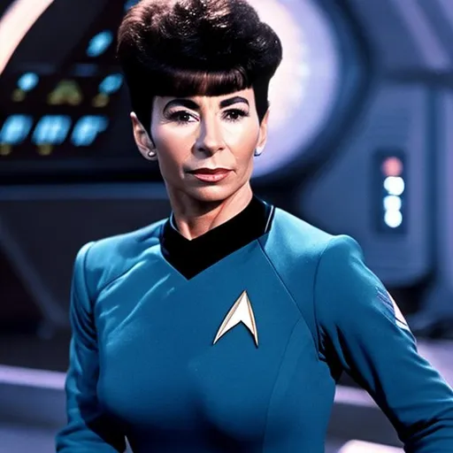 Prompt: A photograph of Carole Ann Ford, wearing a Starfleet uniform, with a Star Trek background, in the style of the "Star Trek: The Wrath of Kahn."