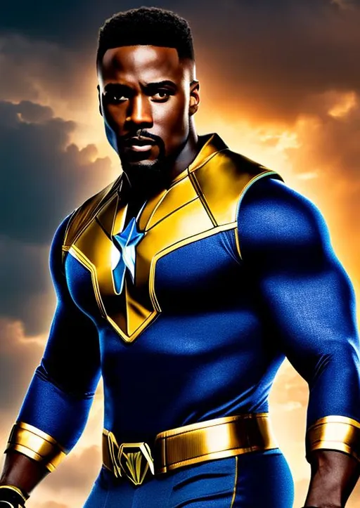 Prompt: High-resolution hyperrealistic photo of avenger {falcon} sam wilson merged with {power-man} luke cage, blue-grey and gold costume, uhd, hdr, 64k