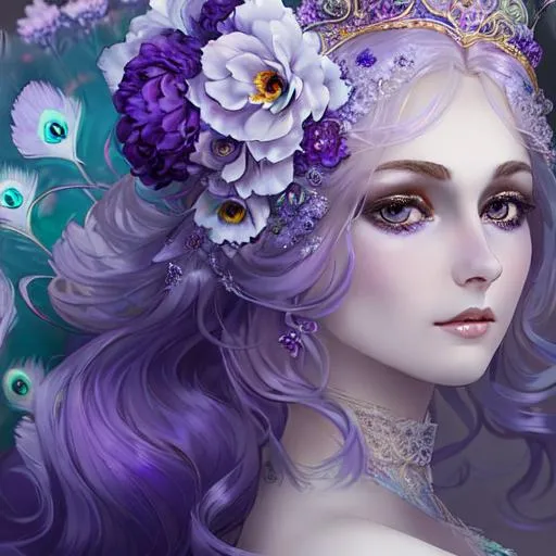 Prompt: dynamic composition of a pale skinned woman with hair of flowers and peacock plummage  of aqua and purple, ornate details,lacey clothes, facial closeup