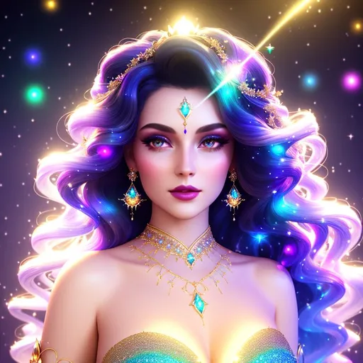 Prompt: Beautiful ethereal girl, ((snow white skin)), magic glowing orbs, ((wearing diamantine intricate gown)) ((long bright multi coloured galaxy curly hair)), glowing, trails of light, wisps, soft white skin, slight sparkles, unreal engine 8k octane, 3d lightning, stellar, quartz, gem rain, luminous chest, fantasy