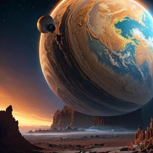 Prompt: Create a high-resolution head and shoulders painting of a planet-sized, gorgeous giantess bursting out of the Earth's crust. The scene should be intense and dramatic with cinematic lighting that highlights her stunning features. The artwork should be inspired by the styles of Norman Rockwell, Craig Mullins, and Ross Tran, and should be in 4K resolution. The focus should be on the giantess's face and upper body as she emerges from the planet, and the overall effect should be awe-inspiring and powerful.