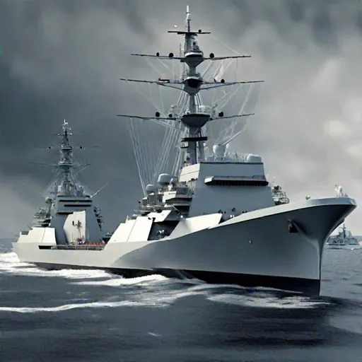 Prompt: Sailing warship, modern warship, warship fleet