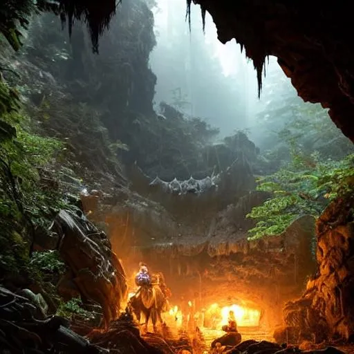 Prompt: we look upon a dark and scary cave entrance, surrounded by bones of different animals, within a forest at night, D&D, highly detailed, digital painting, concept art, sharp focus, illustration, art by artgerm and greg rutkowski and alphonse mucha