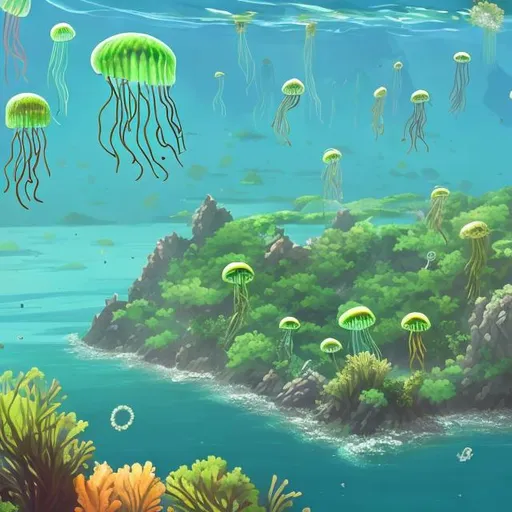 Prompt: green and gold island,with jellyfish people 