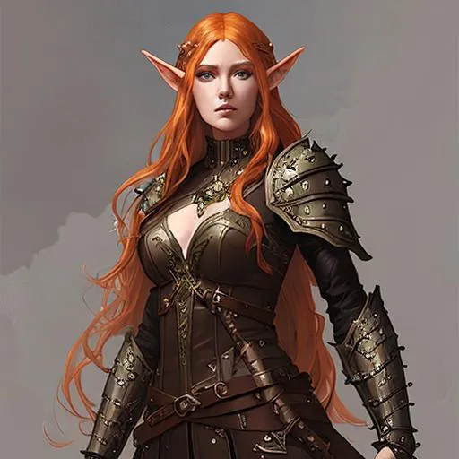 Prompt: portrait of a female eladrin elf Gloom Stalker Ranger with long wavy ginger hair wearing a Studded Leather Armor, half body, fantasy, highly detailed, digital painting, artstation, concept art, character art, art by greg rutkowski and tyler jacobson and alphonse mucha