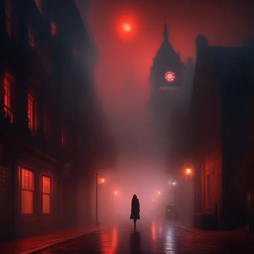 Prompt: the streets of a dark city with a thick fog, red glowing eyes, a giantess female spectre over sky lingers in the fog towering over the buildings, acrylic, vivid colors, hard shadows, highly detailed, intricate detail, cinematic lighting, artstation, random action,lights gleam in windows, dead bodies litter the streets, dim lighting, glow street lights, blood moon, eerie glow