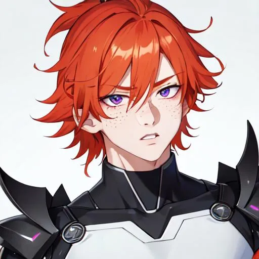 Prompt: Erikku male (short ginger hair, freckles, right eye blue left eye purple) muscular, UHD, 8K, Highly detailed, insane detail, best quality, high quality. hearts around him
