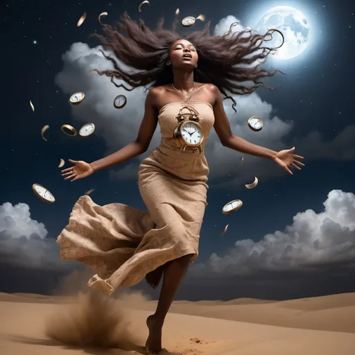 Prompt: Beautiful dark skinned African woman falling from the heavens at night, clouds surrounding her. She has clocks growing out of her long hair with sand blowing around her as she descends to earth