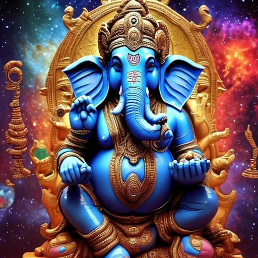 Prompt: Title: "The Cosmic Conundrum: Ganesha's Quest for Balance"

Description:
In this intricate scene, Lord Ganesha stands at the heart of the cosmic realm, facing an even more complex and mysterious puzzle. This puzzle is not just a symbol of the universe's elements but a representation of the delicate balance between creation and destruction, order and chaos.

Around Ganesha, celestial beings are engaged in animated discussions, representing the eternal cosmic debate. Vishnu, the preserver, advocates for harmony and balance, while Shiva, the destroyer, advocates for the necessary chaos of transformation.

As Ganesha's trunk reaches for a piece of the puzzle, it becomes clear that this piece embodies the concept of "dharma," the cosmic law that maintains balance. However, the puzzle constantly shifts and changes, making it a perpetual challenge even for the gods.

In the background, other deities like Brahma, Saraswati, and Parvati watch with keen interest. They each represent different aspects of knowledge, creativity, and devotion. Ganesha's loyal mount, the mouse, looks on, symbolizing the idea that even the tiniest of beings have a role in the cosmic drama.

To add complexity to the narrative, you can introduce other elements such as time, karma, and the cycle of birth and death, which further contribute to the intricate puzzle of existence. Some celestial entities may be actively creating new galaxies while others are engaged in the dissolution of old ones, highlighting the cyclical nature of the universe.

The image aims to depict the ongoing cosmic struggle for equilibrium and the idea that, even in the realm of the divine, understanding the true nature of existence is an eternal quest filled with complexity and challenges.