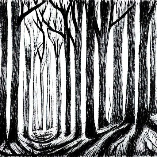 Prompt: dark forest, hidden silhuette, sketch, black and white