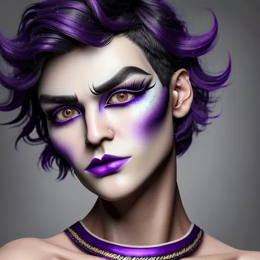 Prompt: Nonebinary person with half masculine face, short dark hair, and feminine face, long curly purple hair, one half of face is smooth with make-up ,lipstick ,mascara and eyeliner. Realistic, very detailed portrait, proffesional shot