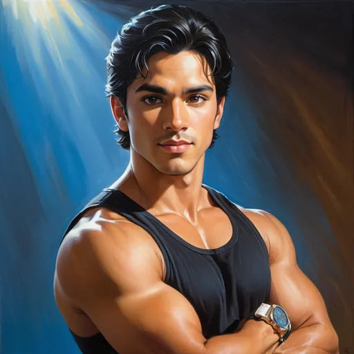 Prompt: one person, romance novel cover art, oil painting, professional work, dynamic lighting, from waist up

appearance: man, tan skin, hispanic, cropped black hair, black tank top, watch, brown eyes

emotion: excited, hopeful, proud

pose: stands tall with arms crossed

background: solid blue with light

camera angle: hip level shot