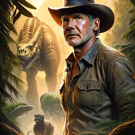 Prompt: ultra realistic illustration for movie starring Harrison Ford entitled 'Indiana Jones in the Valley of Dinosaurs', intricate, elegant, highly detailed, digital painting, artstation, concept art, smooth, sharp focus, illustration, art by artgerm and greg rutkowski and drew struzan