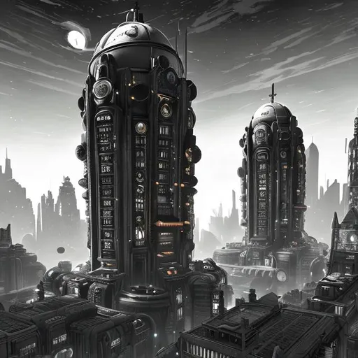 Prompt: monochrome, bioshock infinite floating cities, scifi, hive city