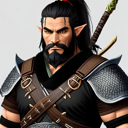 Prompt: A Orc half Elf hybrid ranger with many scars on his body, wielding a shortbow, wearing ancient japanese style chainmail and hide armor with a fur tunic underneath. black japanese style ponytail, short black beard. highly detailed, symmetrical.