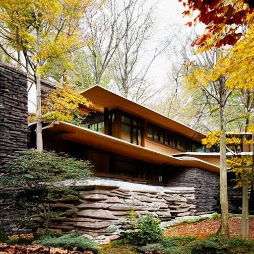 Kengo Kuma and Frank Lloyd Wright style stone house,...