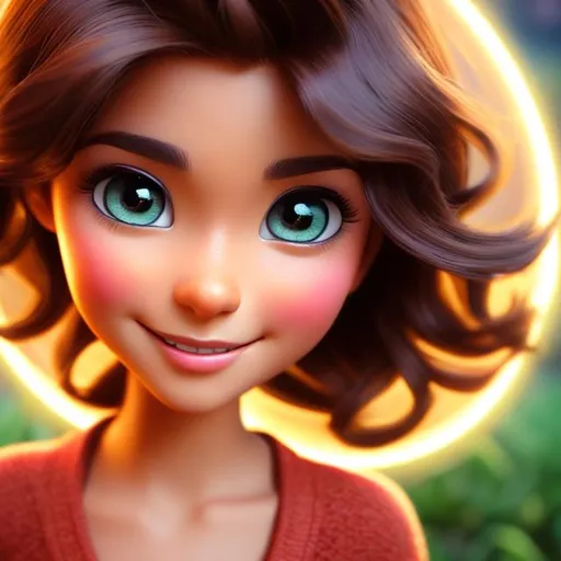 Prompt: Disney, Pixar art style, CGI, Girl with tall thin face, circular eyes, long fiery, wavy,brown messy hair with red tips light tan skin, dark brown eyes