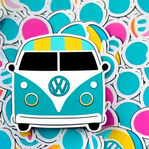 Prompt: Die-cut sticker, Cute colorful authentic " Volkswagen Bus " sticker, white background, illustration minimalism, vector, flowers , pastel colors

