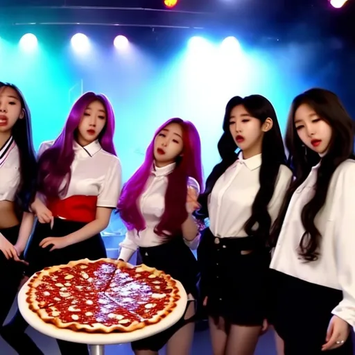 Prompt: Loona (kpop band) individually eats a slice of cheese pizza