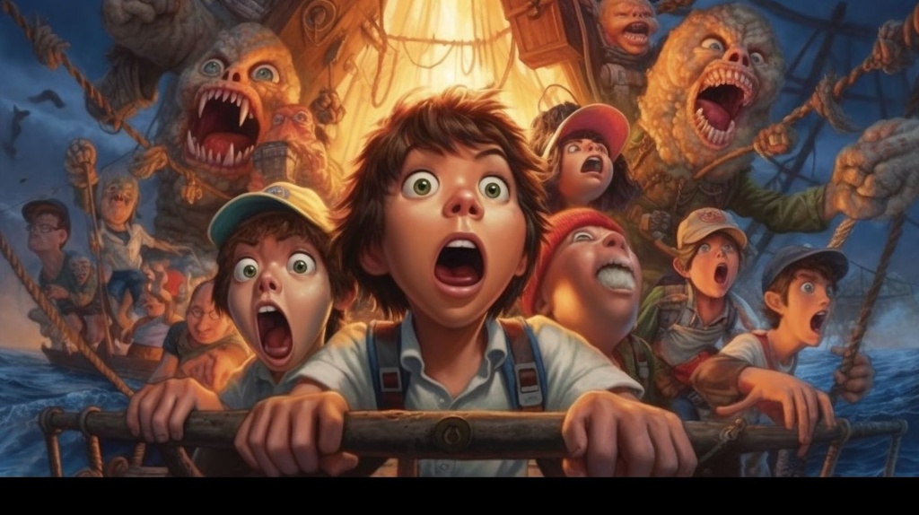 Prompt: cartoons and adventure of the goonies, in the style of realistic hyper-detailed portraits, frogcore, indonesian art, digital airbrushing, salvagepunk, childlike wonder, poster art, fantasy, pop surreal